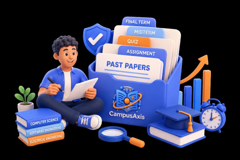Past papers filing cabinet with exam categories illustration